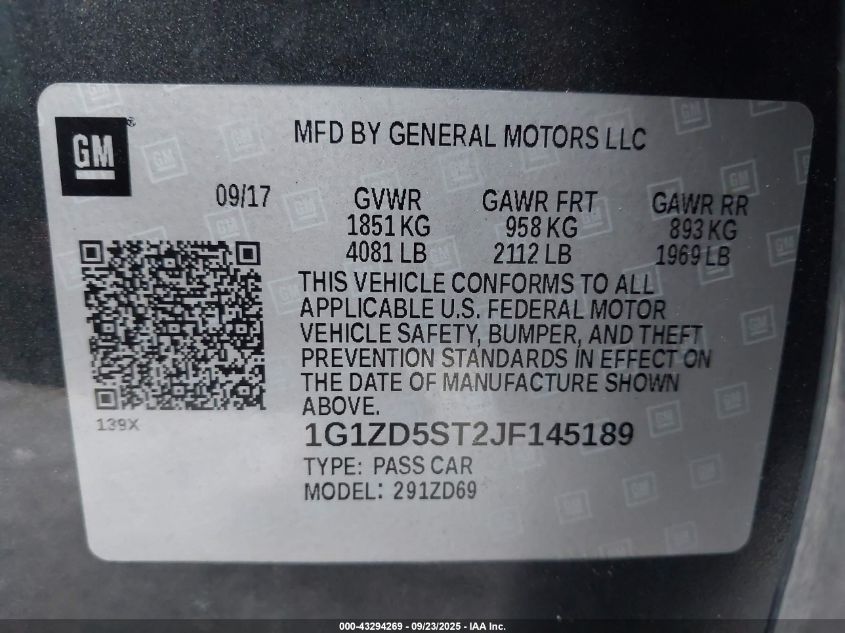 2018 Chevrolet Malibu Lt VIN: 1G1ZD5ST2JF145189 Lot: 43294269