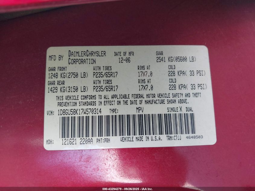 2007 Dodge Nitro Slt/Rt VIN: 1D8GU58K17W570314 Lot: 43294279