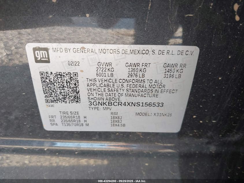 2022 Chevrolet Blazer Fwd 2Lt VIN: 3GNKBCR4XNS156533 Lot: 43294280