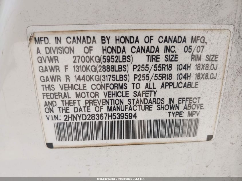 2007 Acura Mdx Technology Package VIN: 2HNYD28367H539594 Lot: 43294284