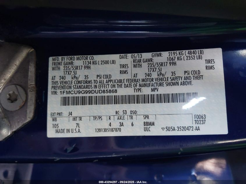 2013 Ford Escape Se VIN: 1FMCU9G99DUD85868 Lot: 43294297