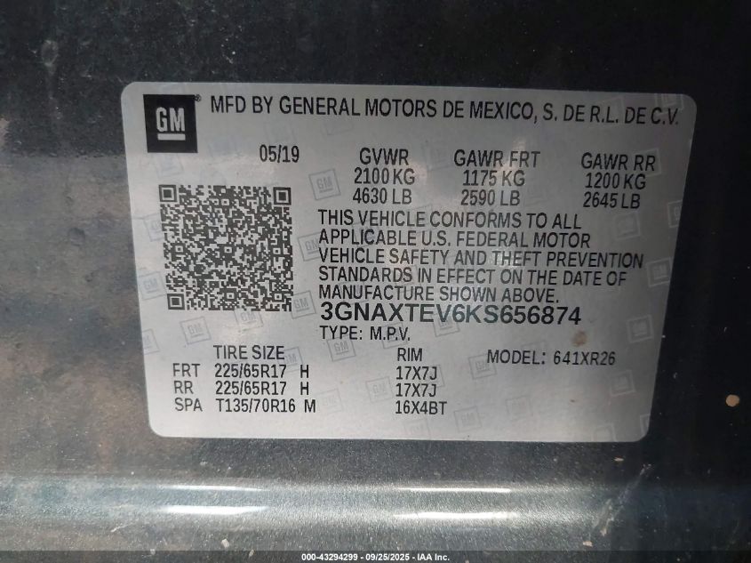 2019 Chevrolet Equinox Lt VIN: 3GNAXTEV6KS656874 Lot: 43294299