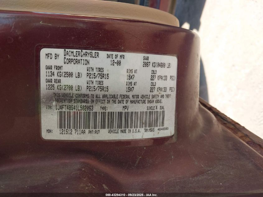 2001 Jeep Cherokee Sport VIN: 1J4FT48S41L582063 Lot: 43294310