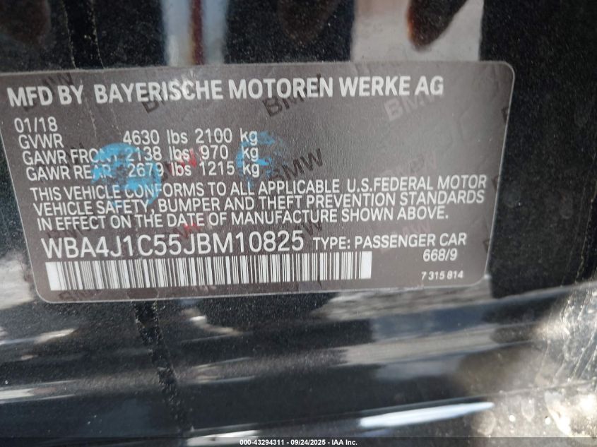 2018 BMW 430I Gran Coupe VIN: WBA4J1C55JBM10825 Lot: 43294311