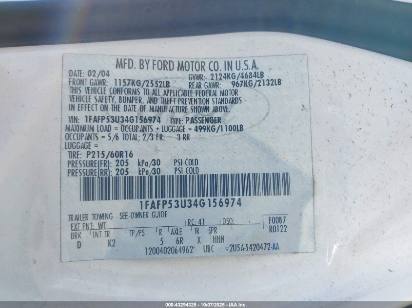 2004 Ford Taurus Se VIN: 1FAFP53U34G156974 Lot: 43294325