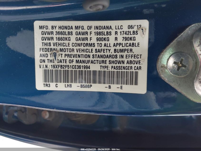 2012 Honda Civic Lx VIN: 19XFB2F51CE361994 Lot: 43294329