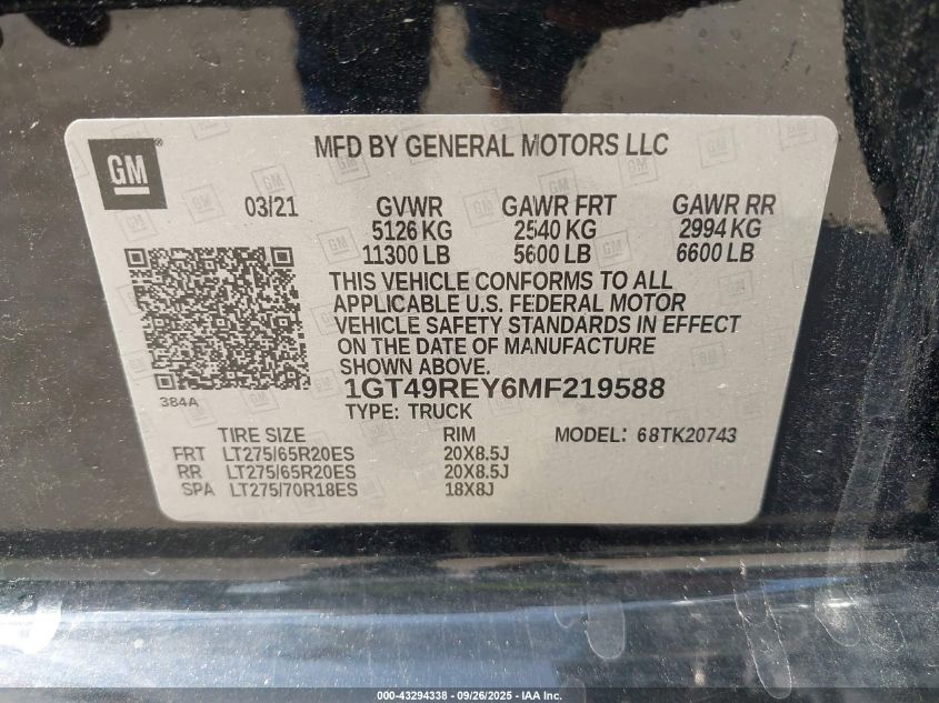 2021 GMC Sierra 2500Hd 4Wd Standard Bed Denali VIN: 1GT49REY6MF219588 Lot: 43294338