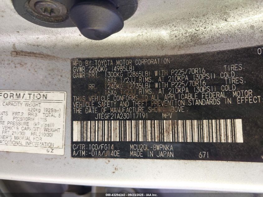 2003 Toyota Highlander V6 VIN: JTEGF21A230117191 Lot: 43294343