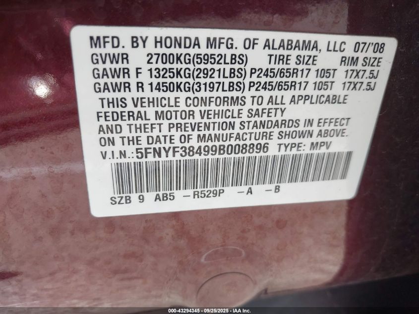 2009 Honda Pilot Ex VIN: 5FNYF38499B008896 Lot: 43294345