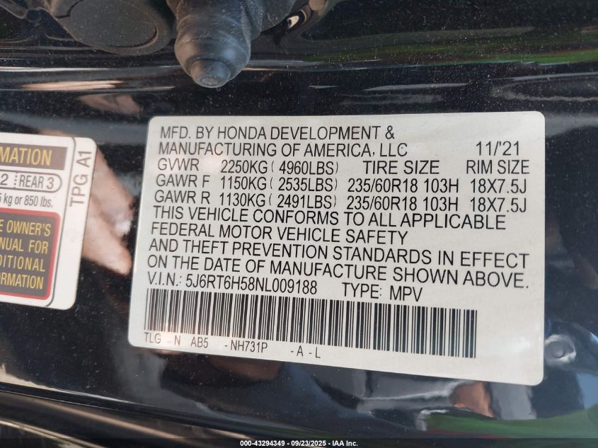 2022 Honda Cr-V Hybrid Ex VIN: 5J6RT6H58NL009188 Lot: 43294349