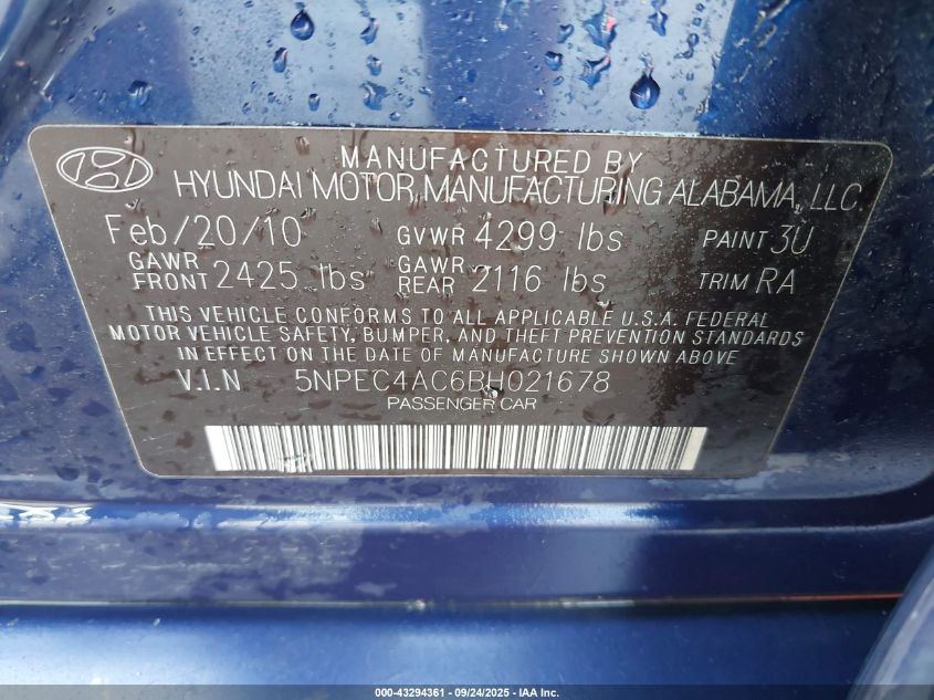 2011 Hyundai Sonata Limited VIN: 5NPEC4AC6BH021678 Lot: 43294361