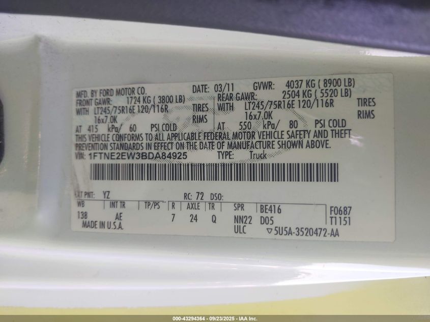 2011 Ford E-250 Commercial VIN: 1FTNE2EW3BDA84925 Lot: 43294364