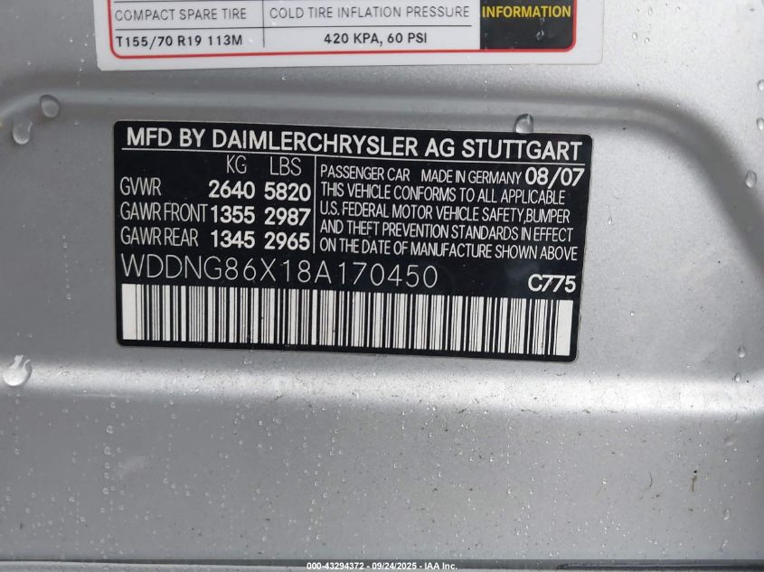 2008 Mercedes-Benz S 550 4Matic VIN: WDDNG86X18A170450 Lot: 43294372