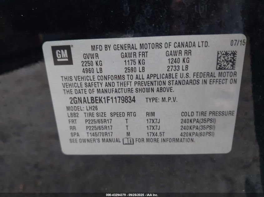 2015 Chevrolet Equinox 1Lt VIN: 2GNALBEK1F1179834 Lot: 43294379