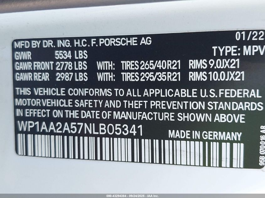 2022 Porsche Macan VIN: WP1AA2A57NLB05341 Lot: 43294384