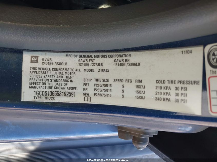 2005 Chevrolet Colorado Ls VIN: 1GCDS136558192591 Lot: 43294386