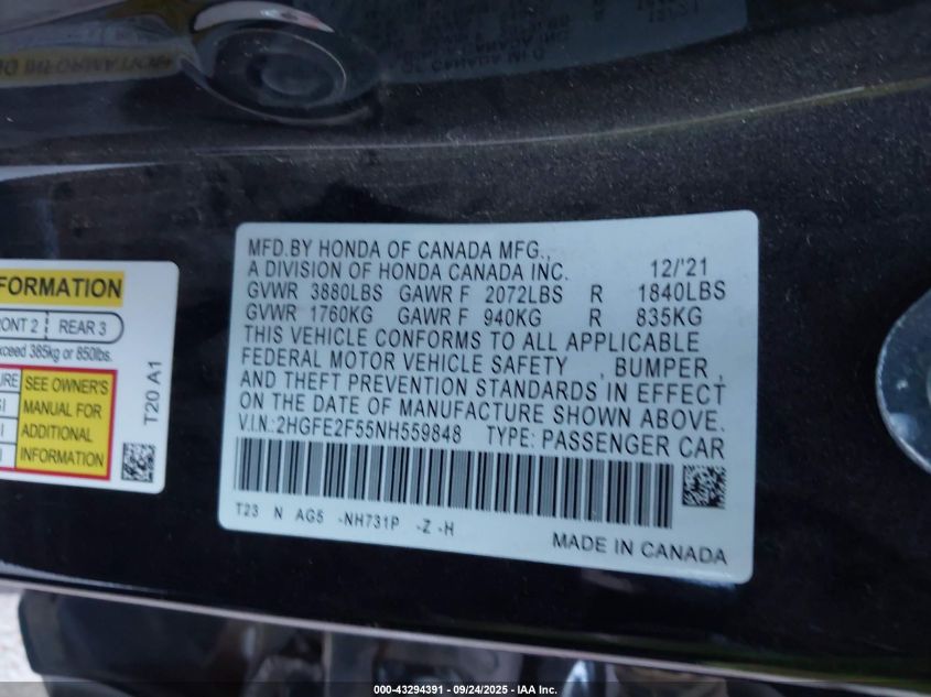 2022 Honda Civic Sport VIN: 2HGFE2F55NH559848 Lot: 43294391