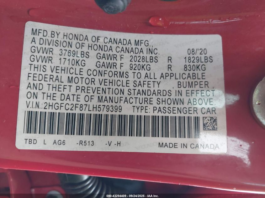 2020 Honda Civic Sport VIN: 2HGFC2F87LH579399 Lot: 43294409