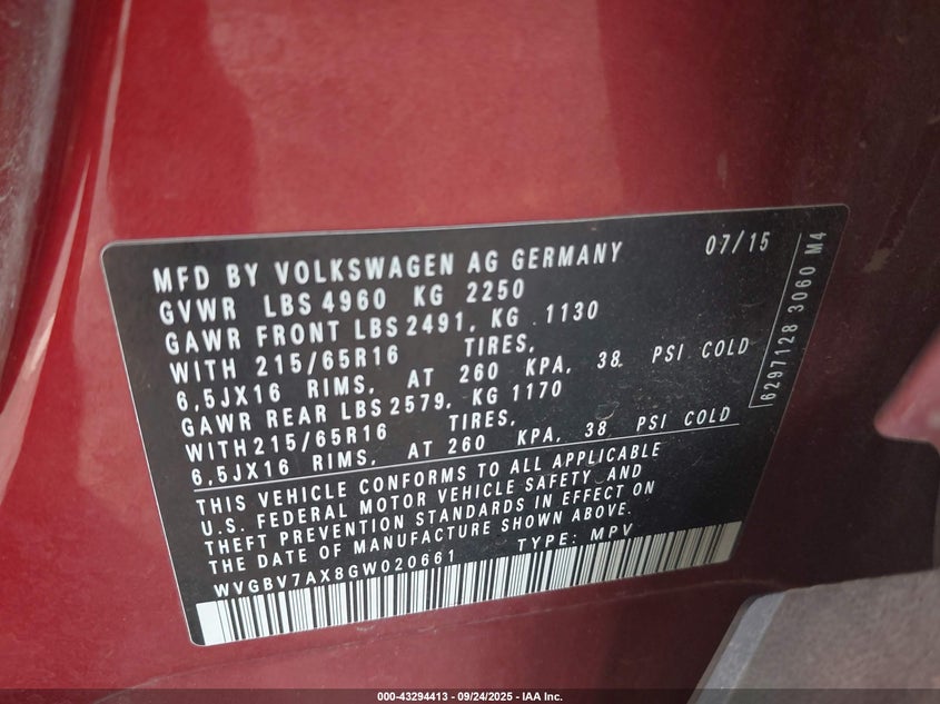 2016 VOLKSWAGEN TIGUAN S - WVGBV7AX8GW020661