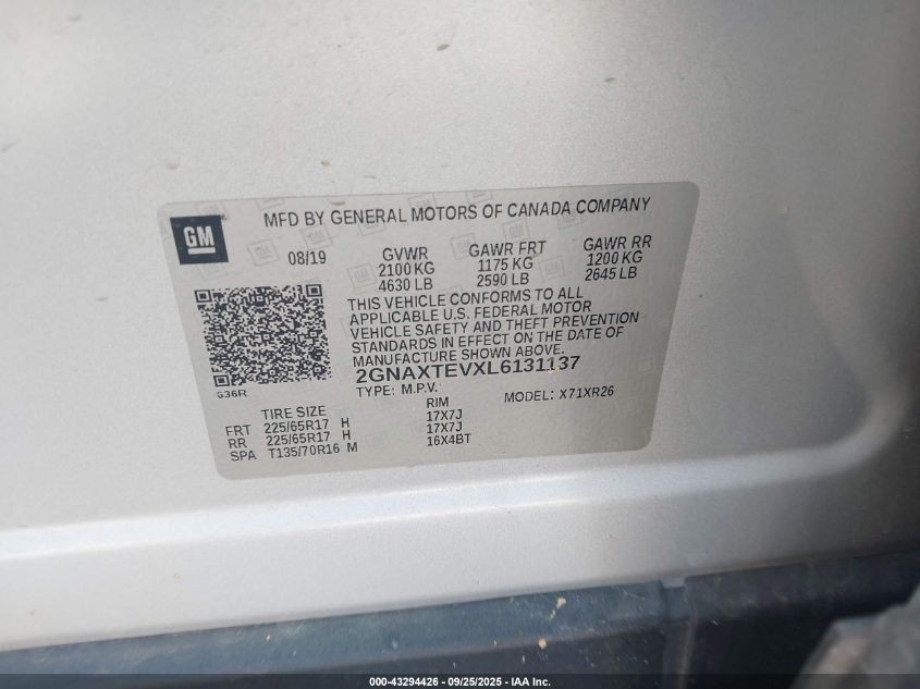 2020 Chevrolet Equinox Awd 2Fl VIN: 2GNAXTEVXL6131137 Lot: 43294426