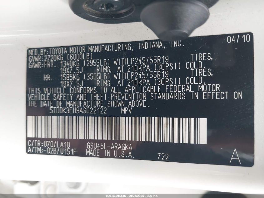 2010 Toyota Highlander Limited V6 VIN: 5TDDK3EH9AS022122 Lot: 43294436