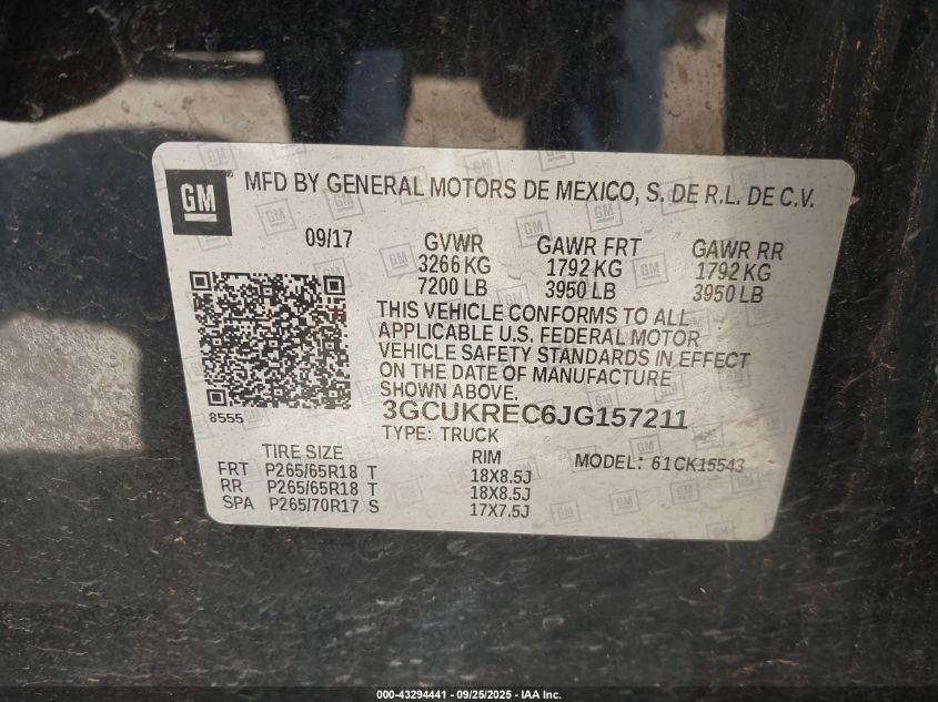 2018 Chevrolet Silverado 1500 2Lt VIN: 3GCUKREC6JG157211 Lot: 43294441