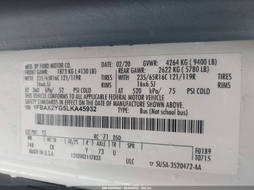 2020 Ford Transit-350 Passenger Van Xlt VIN: 1FBAX2YG5LKA45932 Lot: 43294442