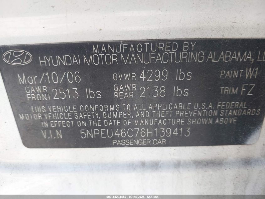 2006 Hyundai Sonata Gls VIN: 5NPEU46C76H139413 Lot: 43294459
