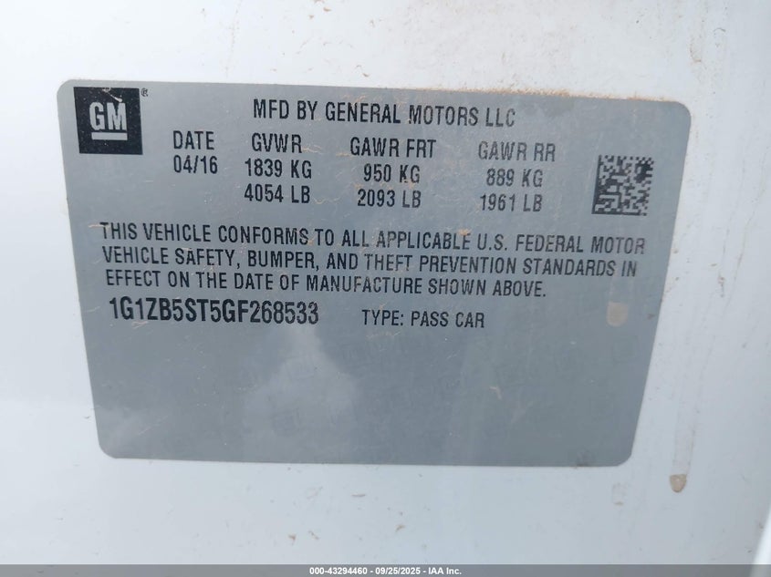 2016 Chevrolet Malibu Ls VIN: 1G1ZB5ST5GF268533 Lot: 43294460