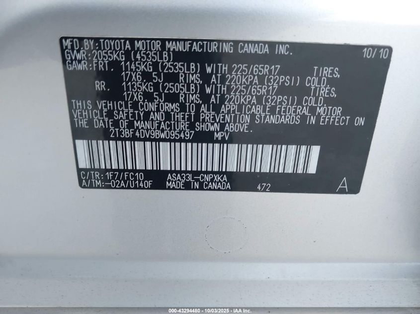 2011 Toyota Rav4 VIN: 2T3BF4DV9BW095497 Lot: 43294480