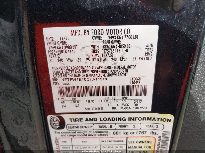 2012 Ford F-150 Xlt VIN: 1FTFW1ET0CFA11518 Lot: 43294488