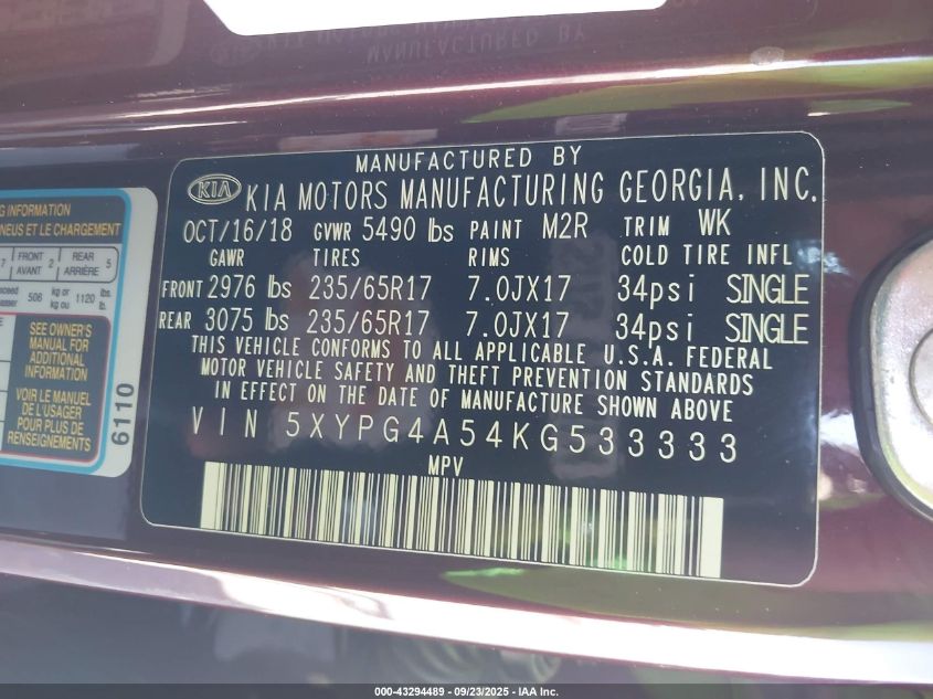 2019 Kia Sorento 3.3L Lx VIN: 5XYPG4A54KG533333 Lot: 43294489