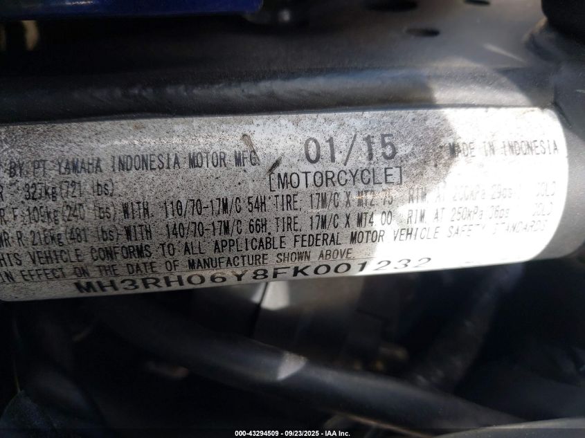 2015 Yamaha Yzfr3 VIN: MH3RH06Y8FK001232 Lot: 43294509