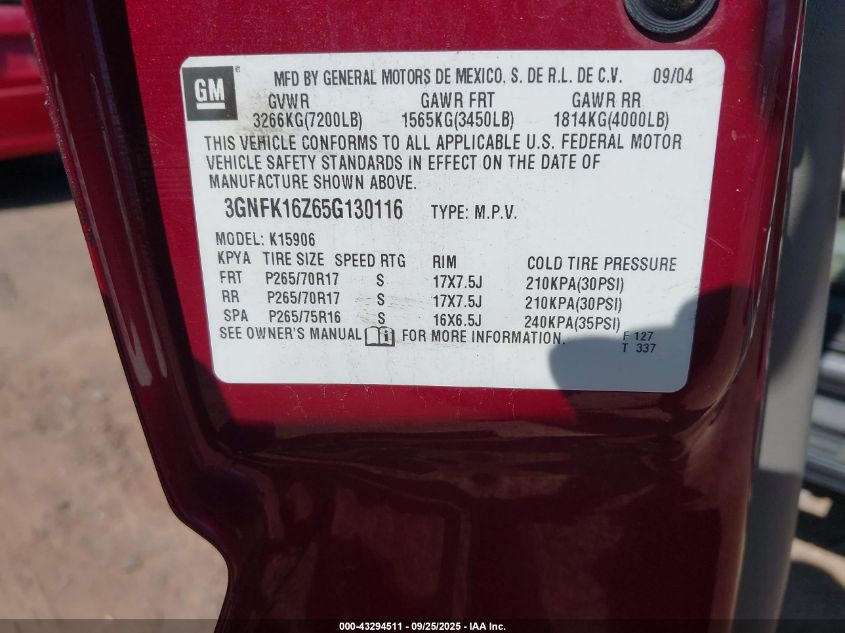 2005 Chevrolet Suburban 1500 Z71 VIN: 3GNFK16Z65G130116 Lot: 43294511