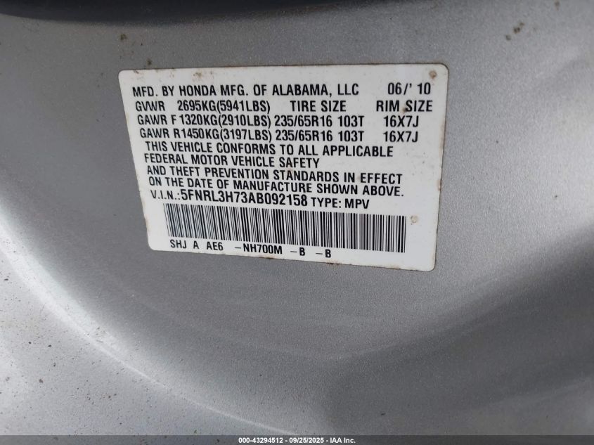 2010 Honda Odyssey Ex-L VIN: 5FNRL3H73AB092158 Lot: 43294512