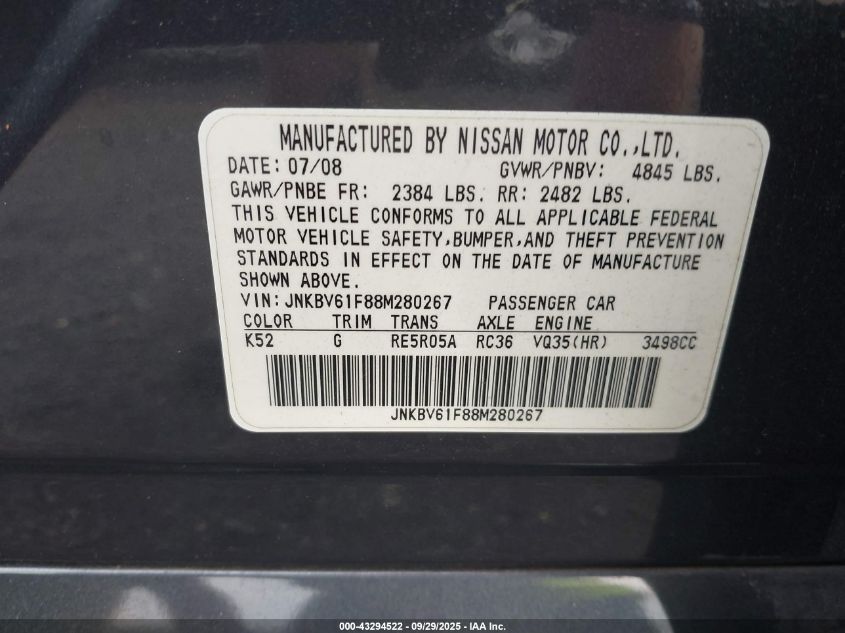2008 Infiniti G35X VIN: JNKBV61F88M280267 Lot: 43294522