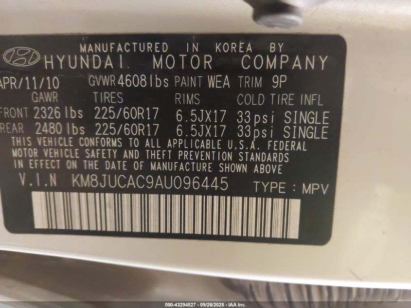 2010 Hyundai Tucson Gls VIN: KM8JUCAC9AU096445 Lot: 43294527