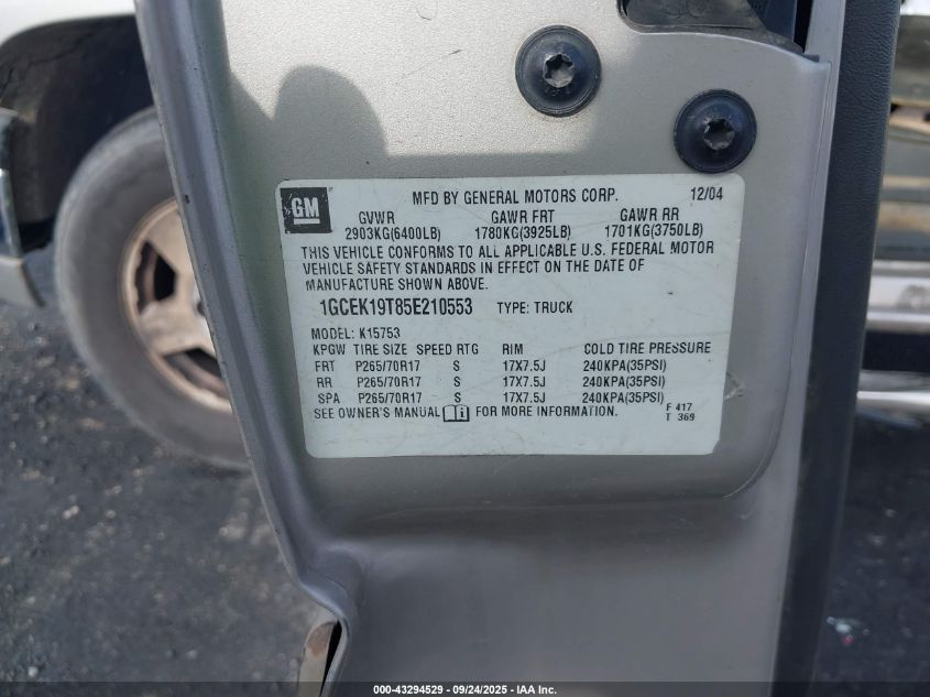 2005 Chevrolet Silverado 1500 Ls VIN: 1GCEK19T85E210553 Lot: 43294529