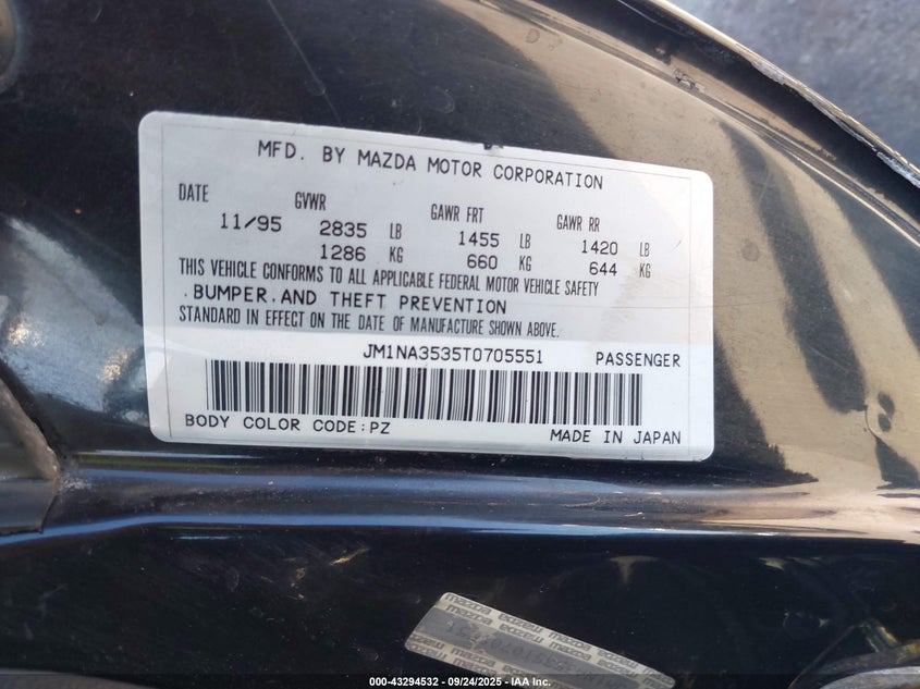 1996 Mazda Mx-5 Miata VIN: JM1NA3535T0705551 Lot: 43294532