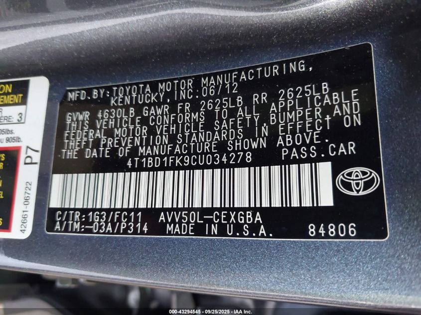 2012 Toyota Camry Hybrid Xle VIN: 4T1BD1FK9CU034278 Lot: 43294545