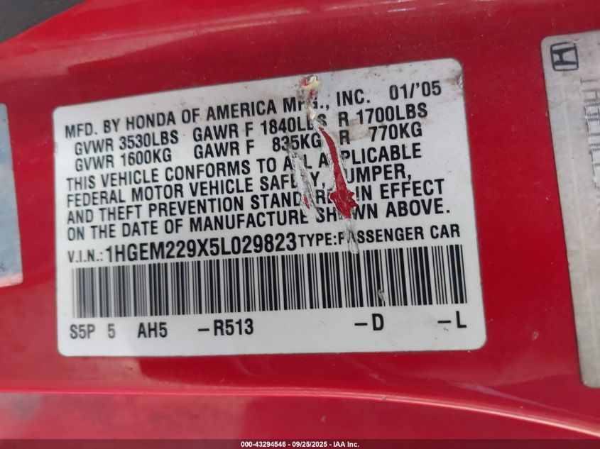 2005 Honda Civic Ex VIN: 1HGEM229X5L029823 Lot: 43294546