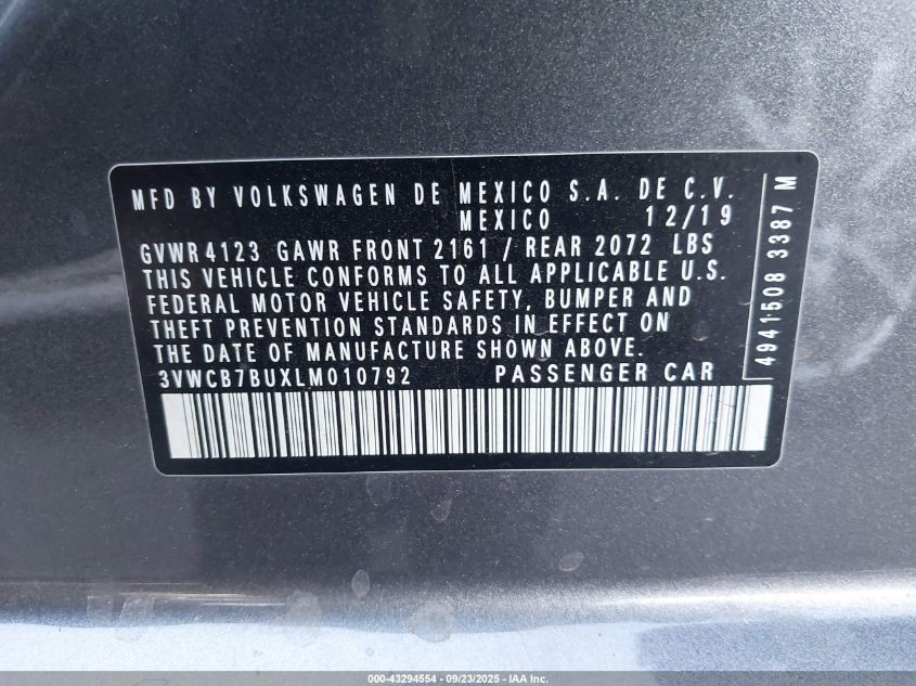 2020 Volkswagen Jetta 1.4T R-Line/1.4T S/1.4T Se VIN: 3VWCB7BUXLM010792 Lot: 43294554