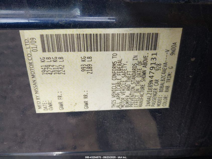 2009 Nissan Altima 2.5 S VIN: 1N4AL21E89N479131 Lot: 43294570