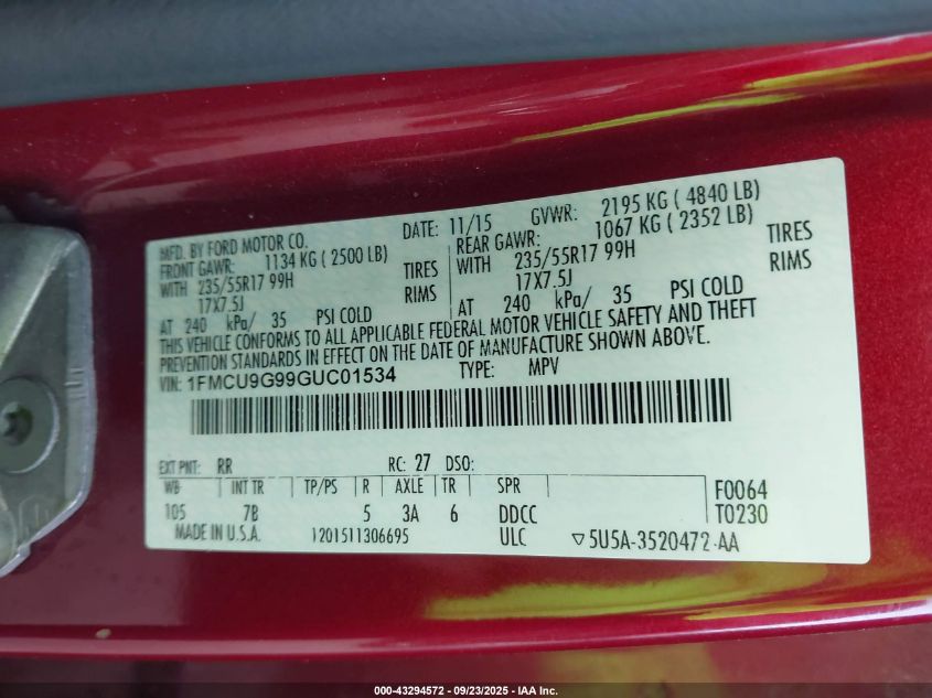 2016 Ford Escape Se VIN: 1FMCU9G99GUC01534 Lot: 43294572