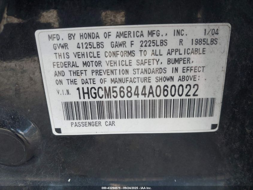 2004 Honda Accord 2.4 Ex VIN: 1HGCM56844A060022 Lot: 43294575