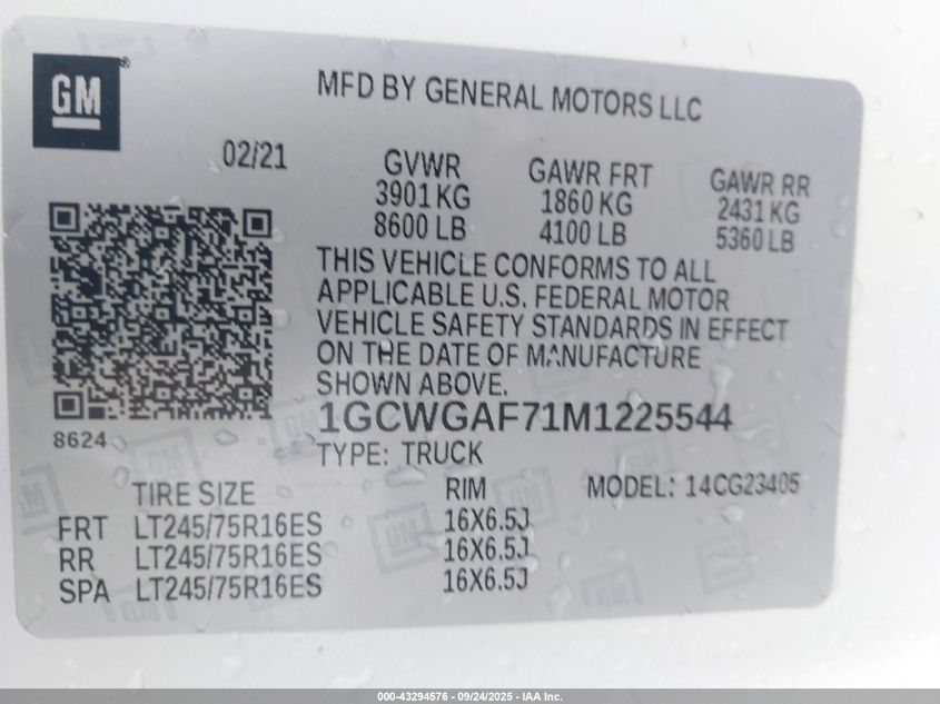 2021 Chevrolet Express Cargo Rwd 2500 Regular Wheelbase Wt VIN: 1GCWGAF71M1225544 Lot: 43294576