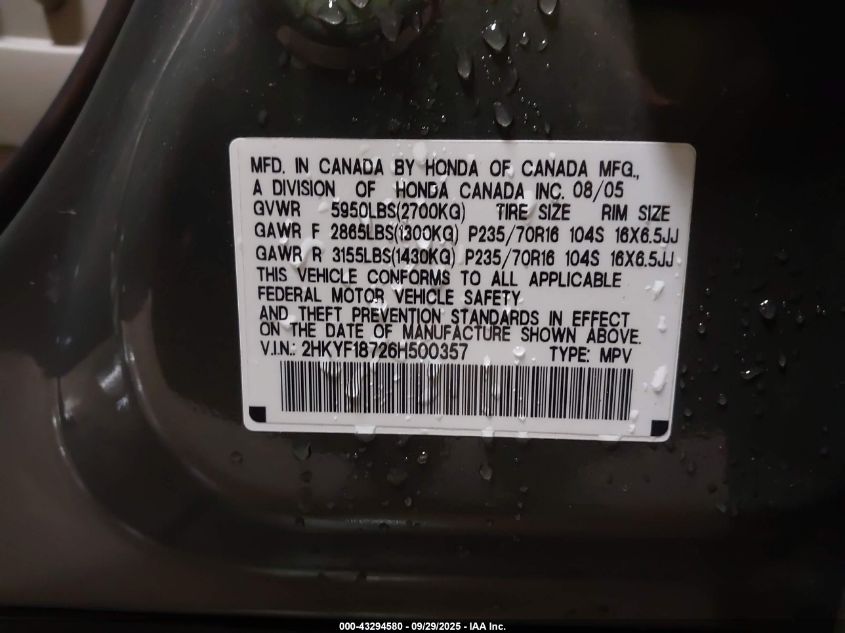 2006 Honda Pilot Ex-L VIN: 2HKYF18726H500357 Lot: 43294580