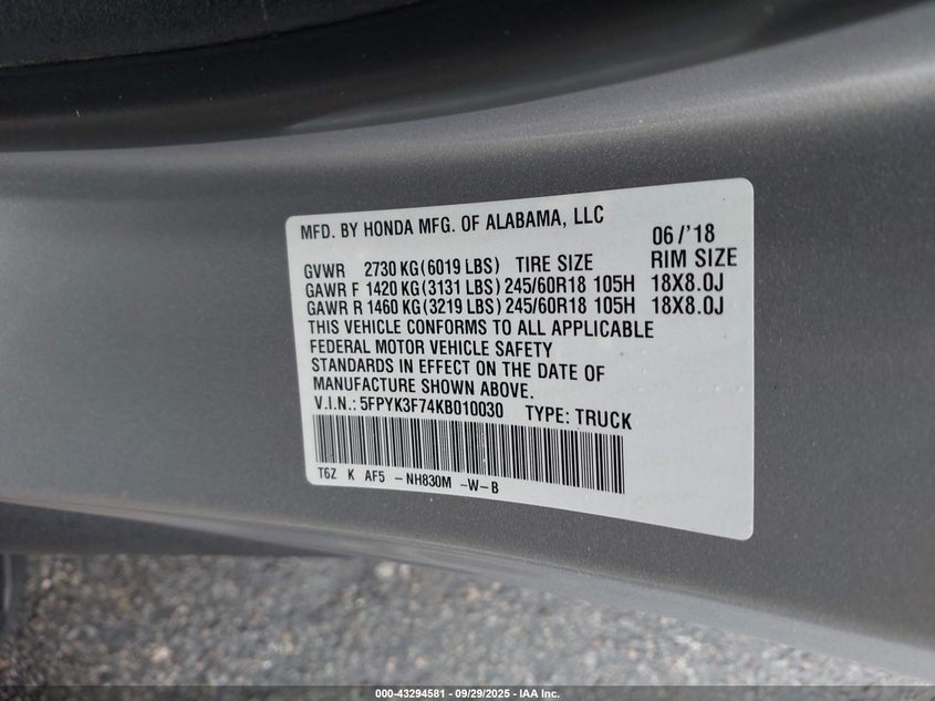 2019 HONDA RIDGELINE RTL-E - 5FPYK3F74KB010030