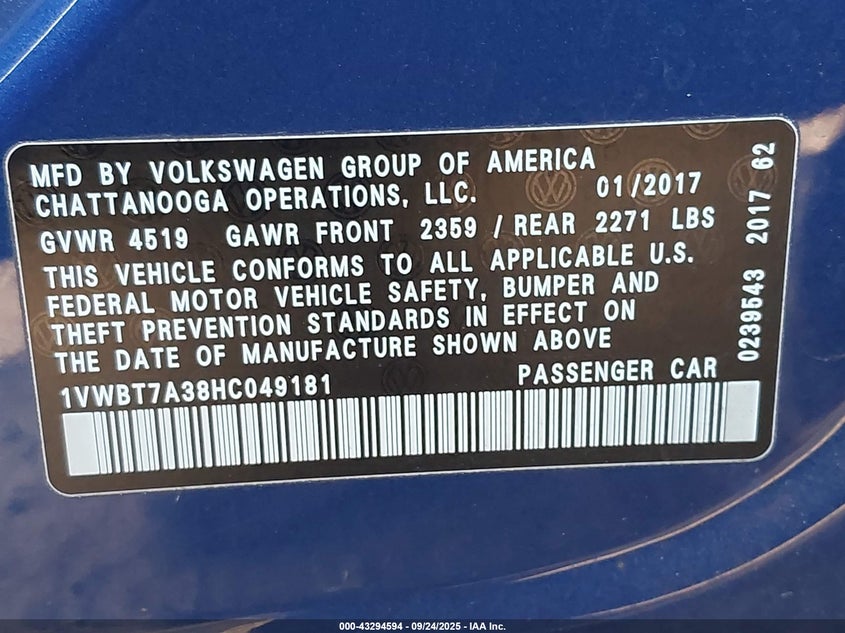 2017 VOLKSWAGEN PASSAT 1.8T SE - 1VWBT7A38HC049181