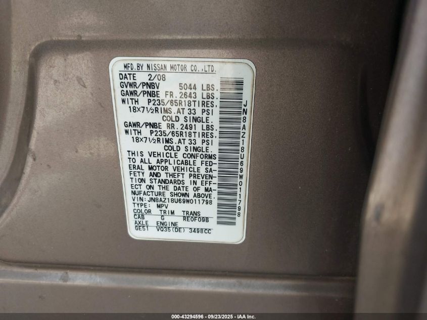 2009 Nissan Murano S VIN: JN8AZ18U69W011798 Lot: 43294596